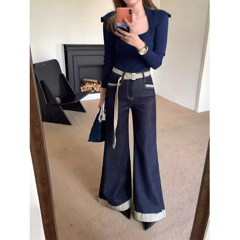 送条纹腰带小个子窄版直筒牛仔裤女2025秋季新款高腰宽松微喇叭裤