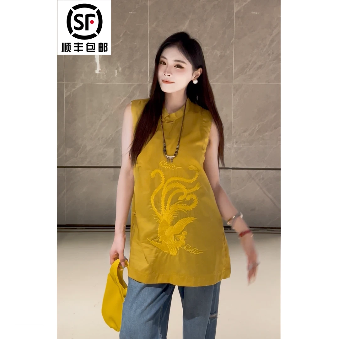 夏季新款2025新中式无袖复古刺绣民族风中式斜领重工时尚上衣女装