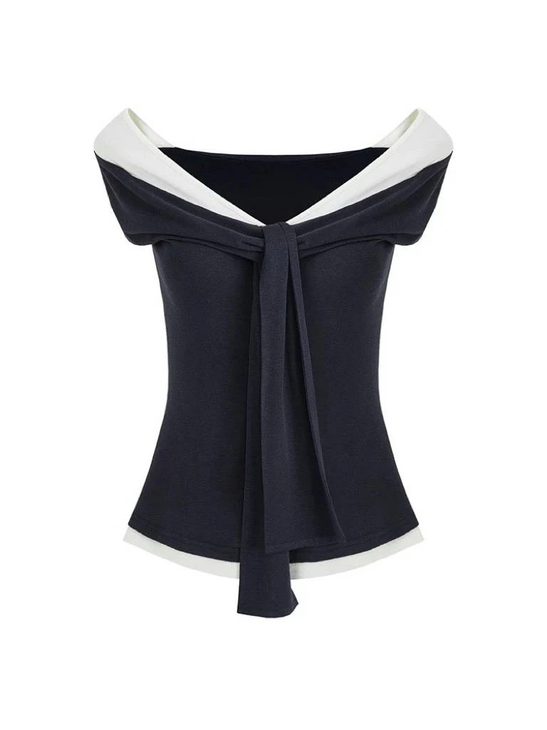 撞色一字肩T恤女夏季20025新款高级感修身气质露肩上衣韩版