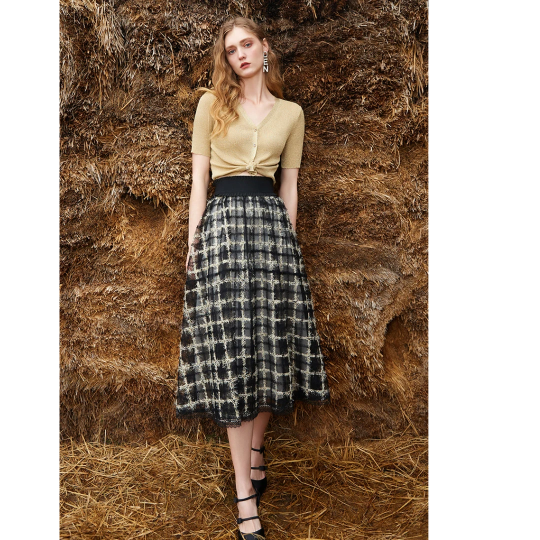 【蜜思仝】哥文花园金丝格纹高腰半身裙CTA3071350 COVEN GARDEN