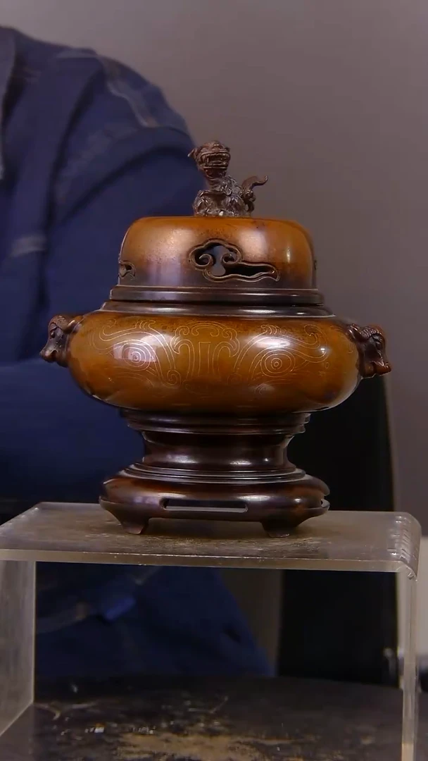 瓷片铭*山水紫铜鎏金造像香炉结缘1111