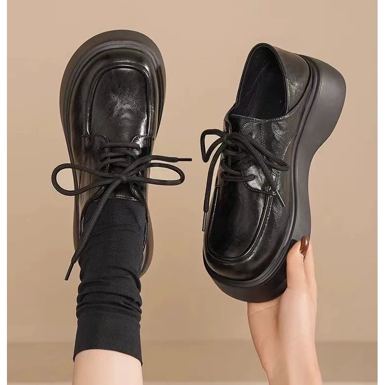 圆头系带小皮鞋厚底乐福鞋2025春秋新款舒适百搭黑色英伦风JK单鞋