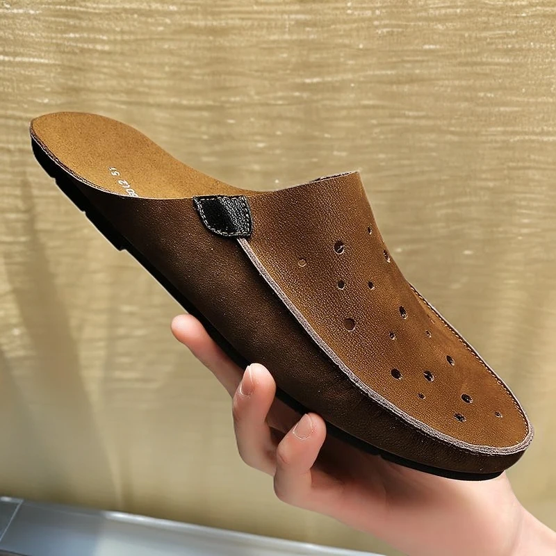 包头半拖鞋男真皮2025新款懒人一脚蹬两用男士皮凉鞋休闲开车拖鞋