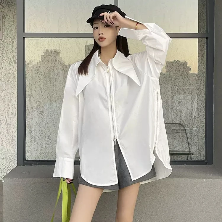 中长款宽松大码白色衬衫慵懒风拉链不规则2025年氧气时尚新款