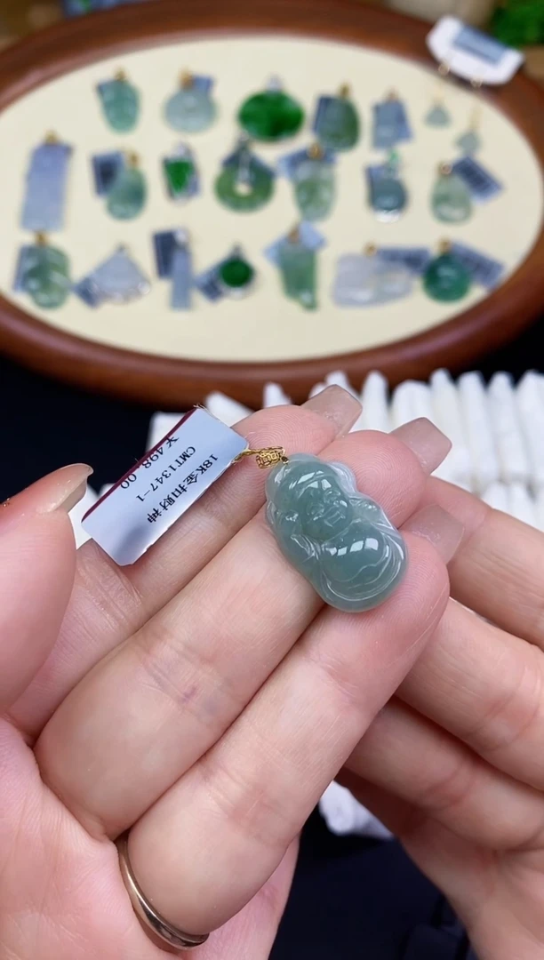 吊坠(不含链)18K金镶嵌翡翠财神18K金扣镶嵌@@CMT1347-1