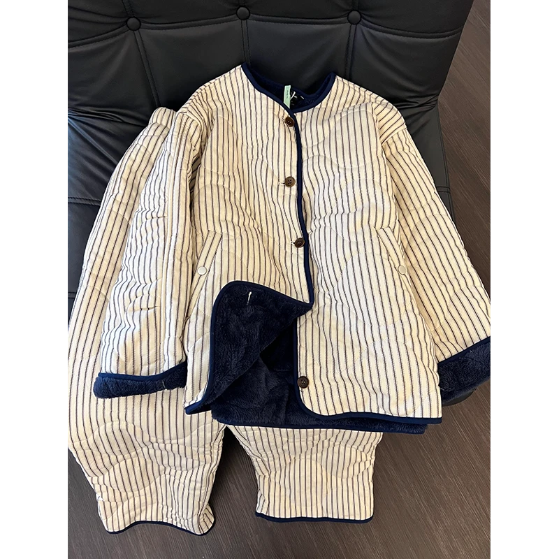 ins风简约条纹加厚夹棉睡衣女冬季2025新款家居服加厚保暖两件套