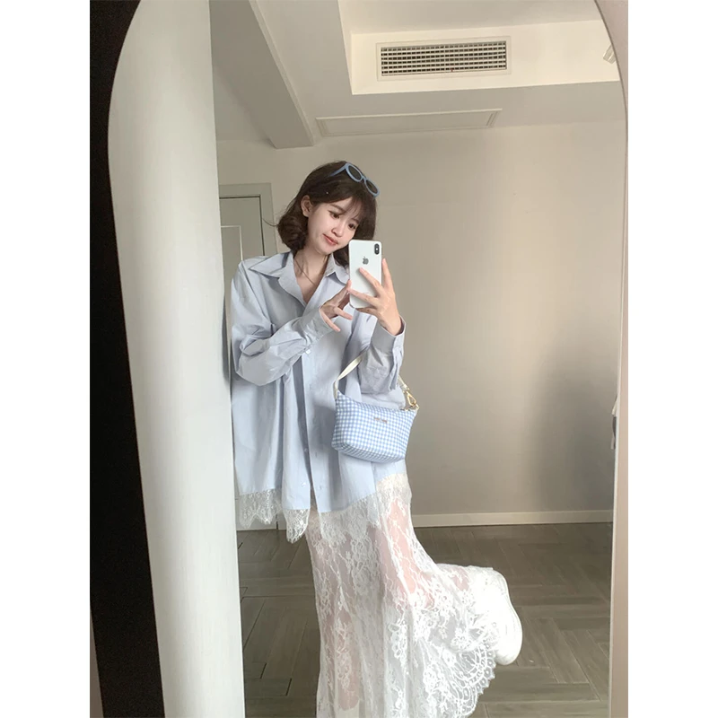 千金清冷感贵系衣服2025春秋蕾丝拼接蓝色衬衫上衣高腰显瘦半身裙