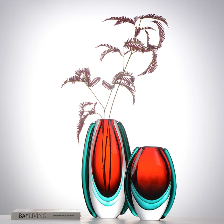 【品一轩家居】 红蓝色双耳花器纯手工水晶琉璃花瓶 轻奢极简