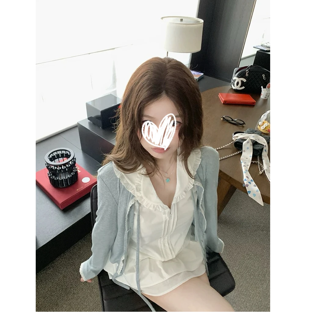 花边系带针织开衫+双层娃娃领无袖衬衣上衣A1323+A1322