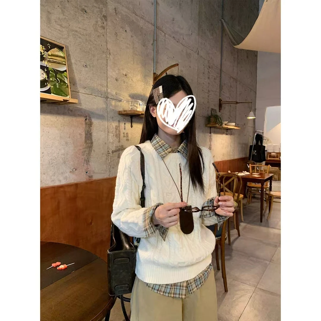 麻花圆领慵懒感套头针织衫毛衣女冬季宽松+格子衬衫两件套装D1066