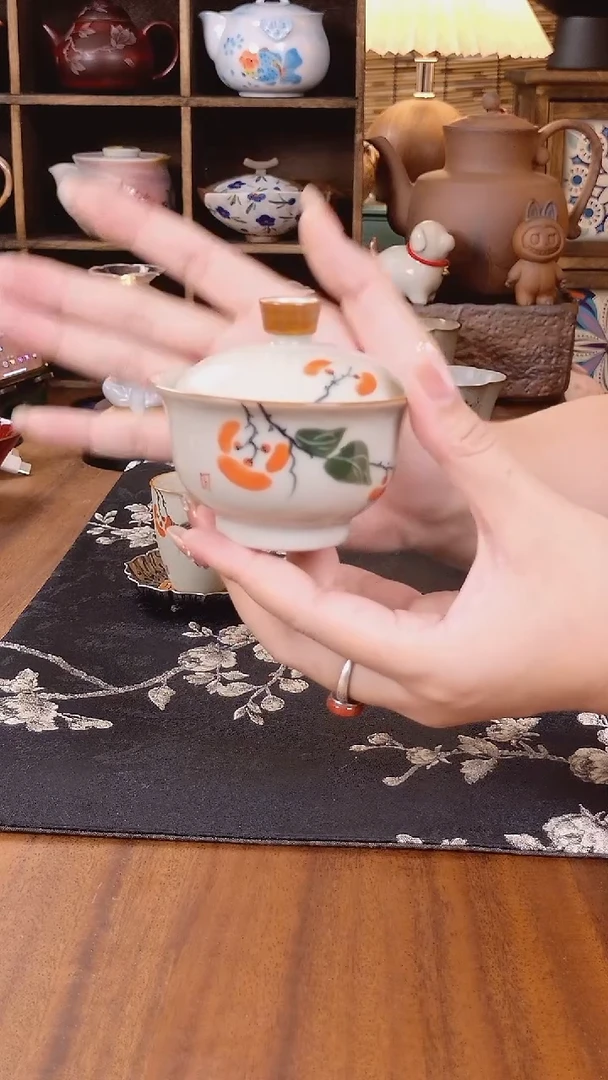 釉下手绘柿子二才盖碗