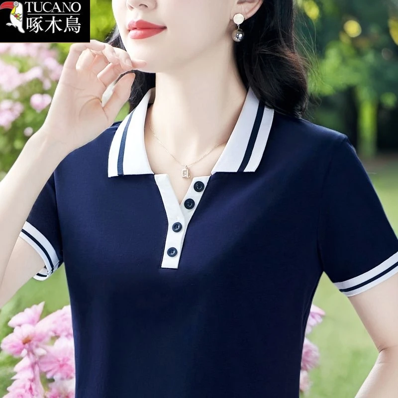 啄木鸟2025年新款纽扣翻领短袖t恤大码高级感夏季中年通勤上衣女