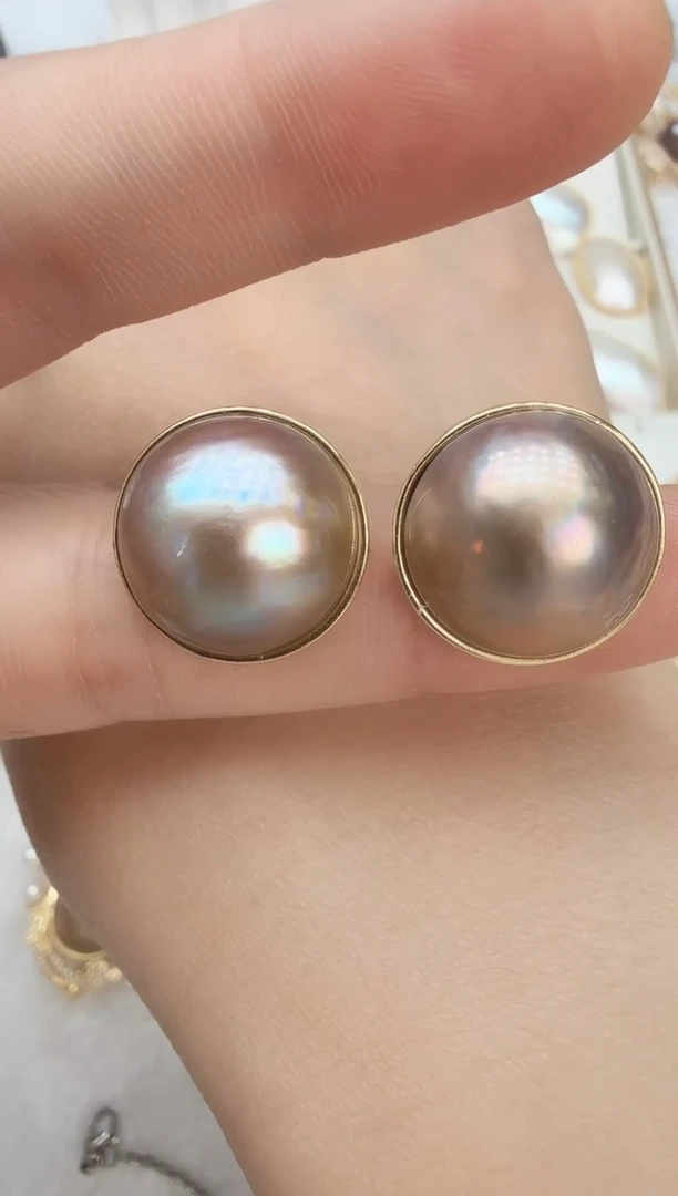 耳饰拼合珍珠（马贝珠）未镶嵌光板洒金色