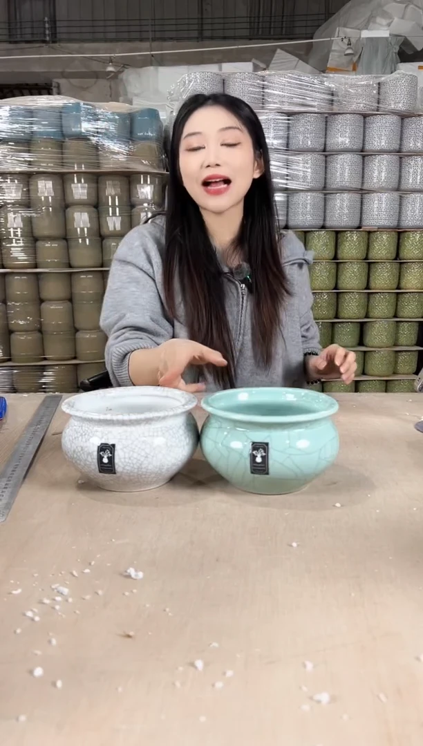 【闪购商品】陶瓷矮款裂纹浅绿+矮款裂纹灰白15x9