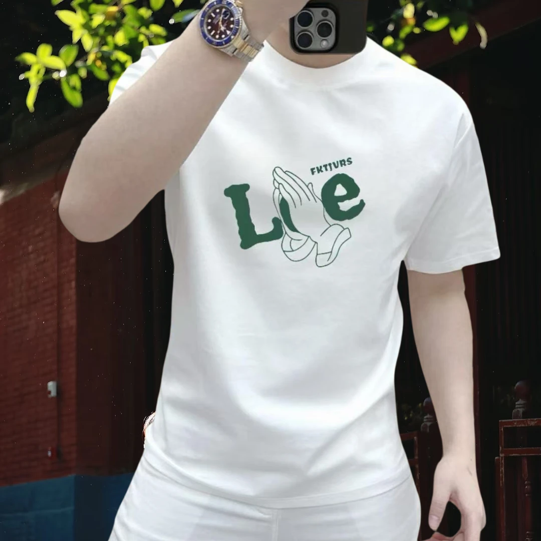 圆领白色短袖男士夏季冰丝卡通T恤纯棉半袖上衣时尚个性ins运动风