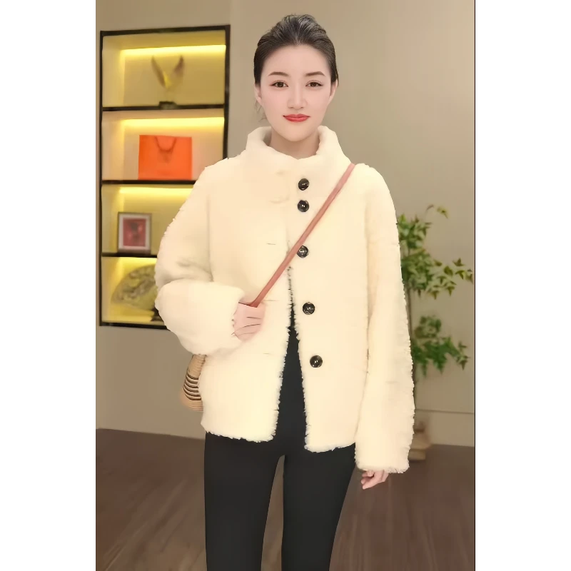 珠珠禾（慵懒冬日）立领纯色轻奢简约风羊毛皮毛外套