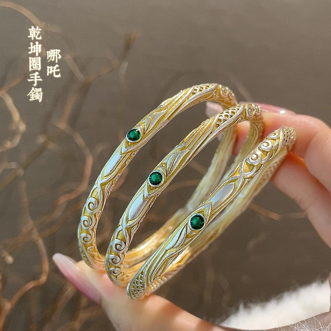 足银手镯 999.9【03】39g 新款描金珐琅哪吒同款银色乾坤圈闭口手镯