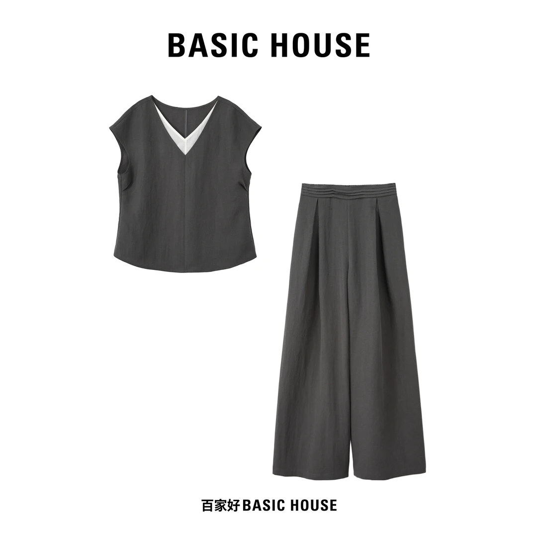 Basic House/百家好2025夏季新款V领极简风短袖设计感套装A162 HJ