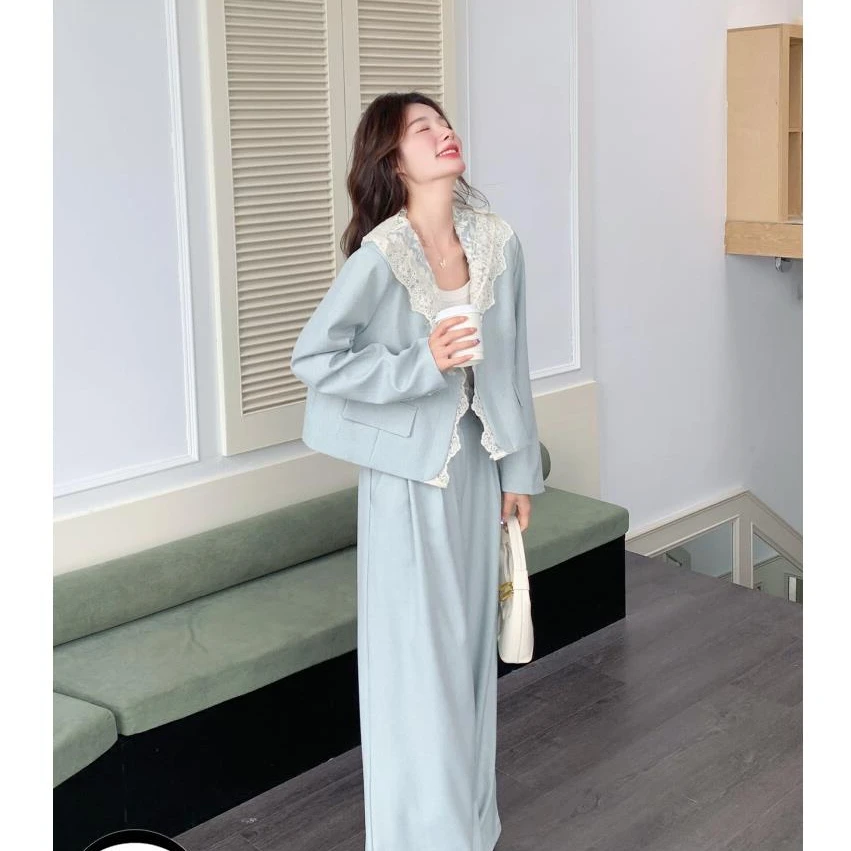 浅蓝色蕾丝拼接连帽西服套装女2025秋季韩系气质减龄阔腿裤两件套