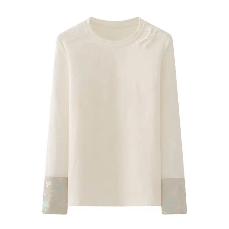 242蝴蝶新款百搭时尚长袖打底圆领提花袖口拼接打底上衣
