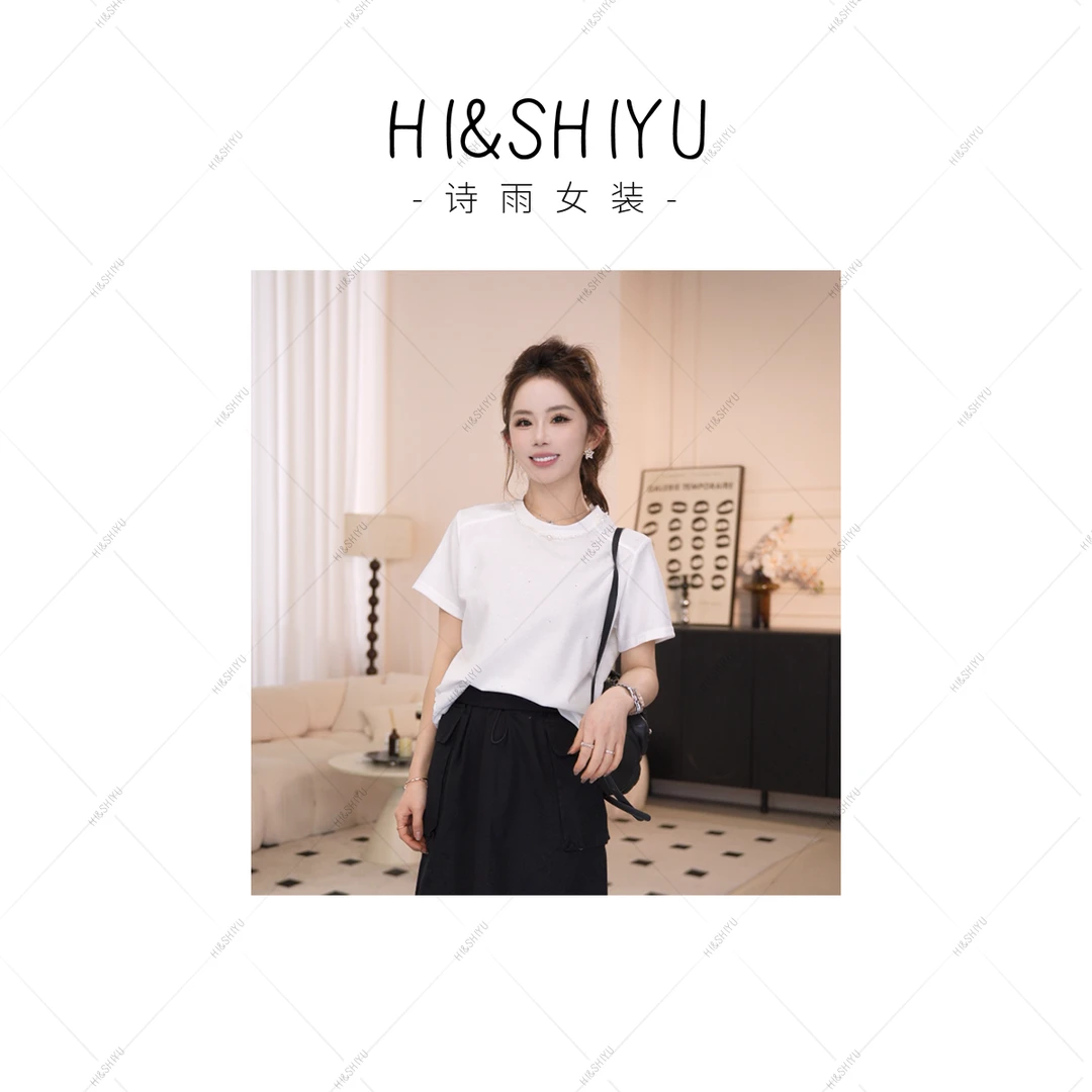 HISHIYU【星河】2025新款重工亮丝时尚T恤夏季轻奢短袖女圆领简约