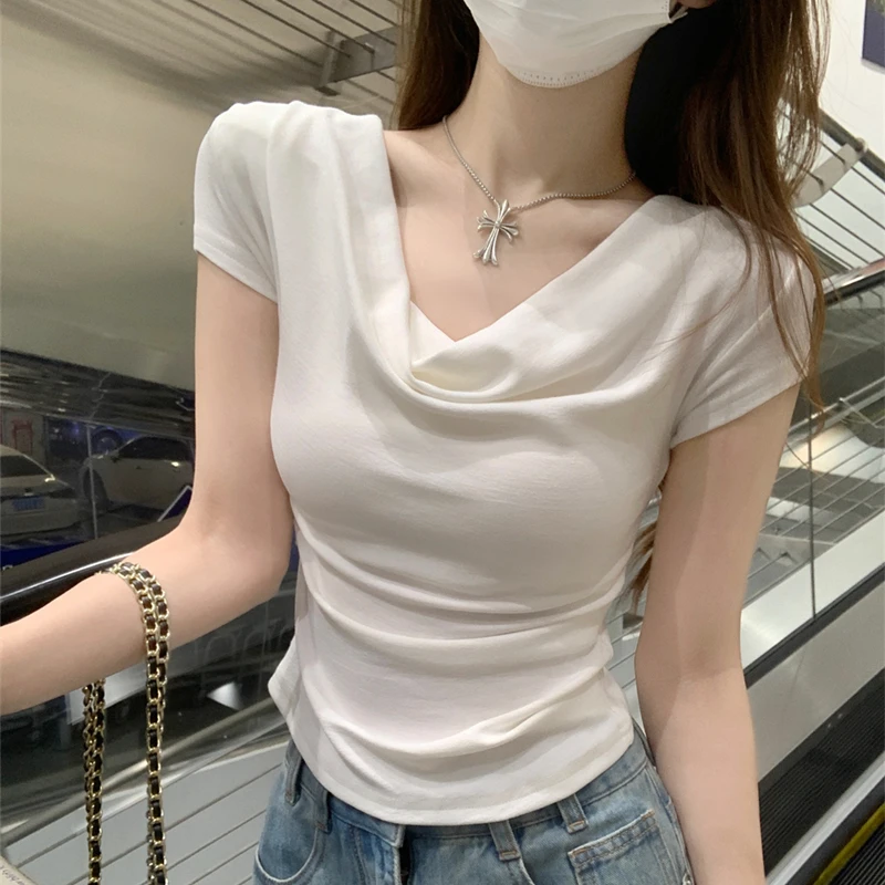 夏日ootd辣妹修身荡领t恤女法式绝美纯欲风斜领露肩洋气短袖上衣