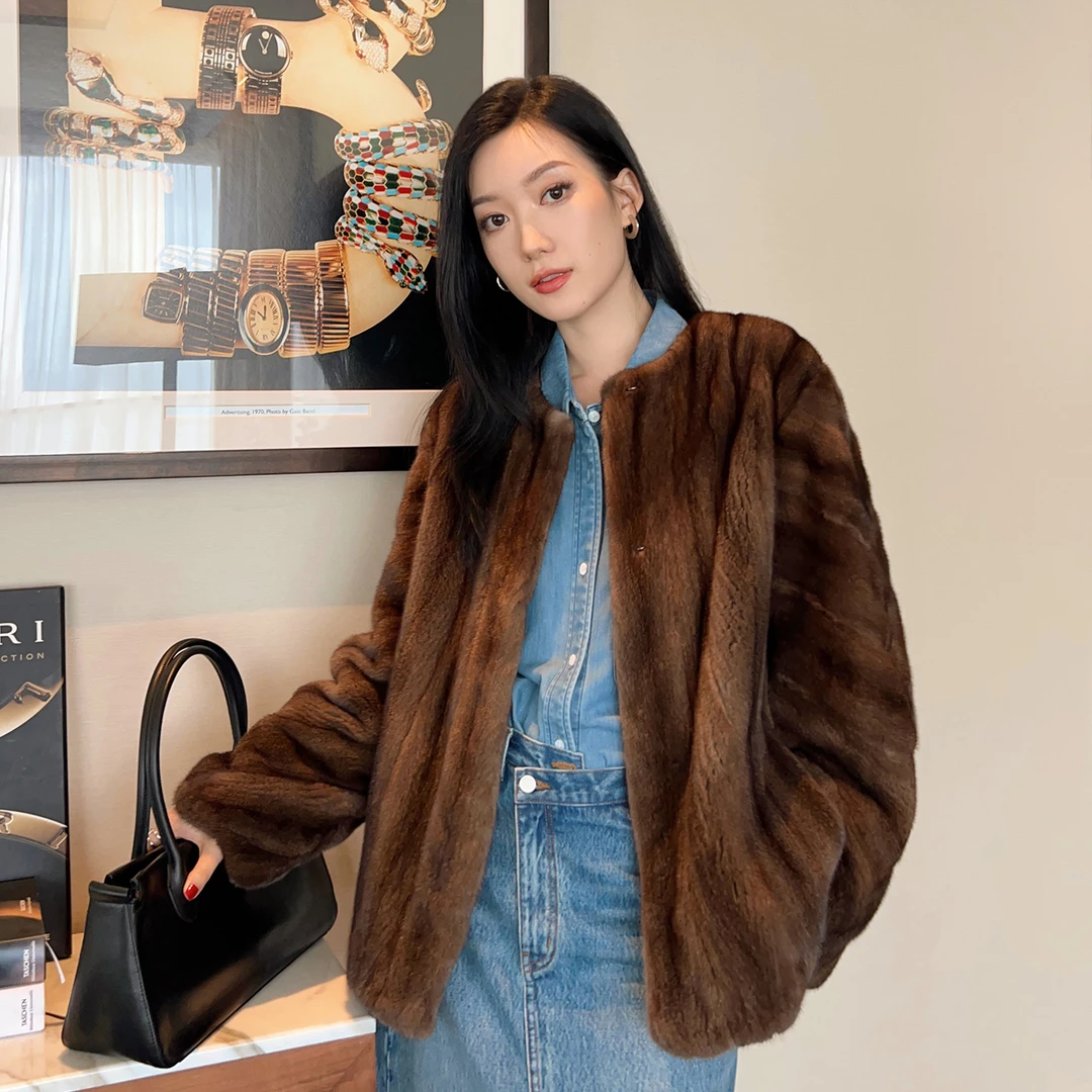 【岚帛】进口小母貂短二全抽刀圆领貂皮大衣女水貂整貂短款皮草外套