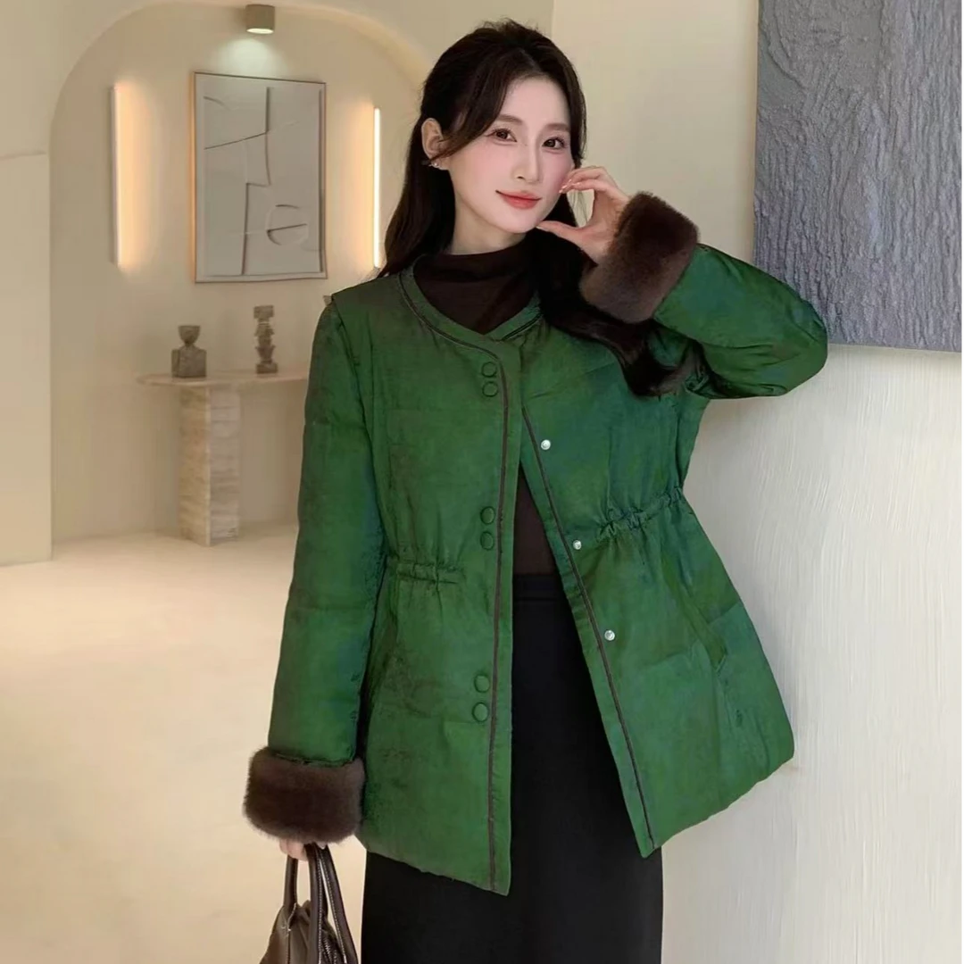 28121小香风显瘦时尚收腰优雅仿貂毛羽绒服