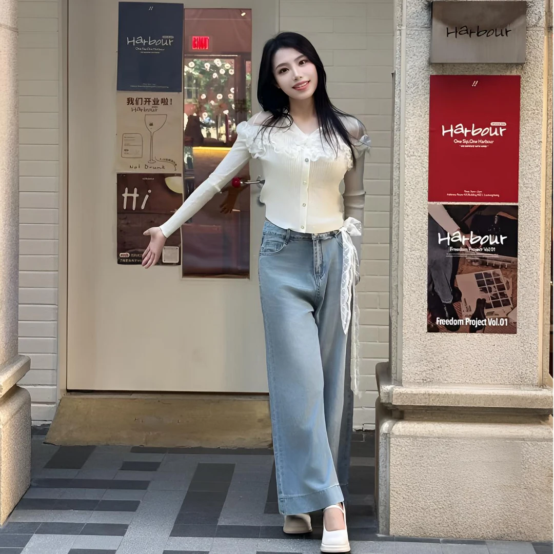 蕾丝秋季百搭针织衫显瘦时尚气质毛针织衫镂空法式高腰长袖上衣