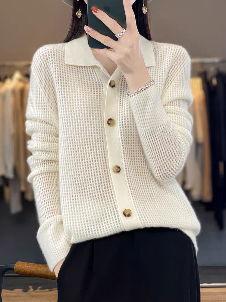 100羊毛POLO领镂空开衫女士春季外搭