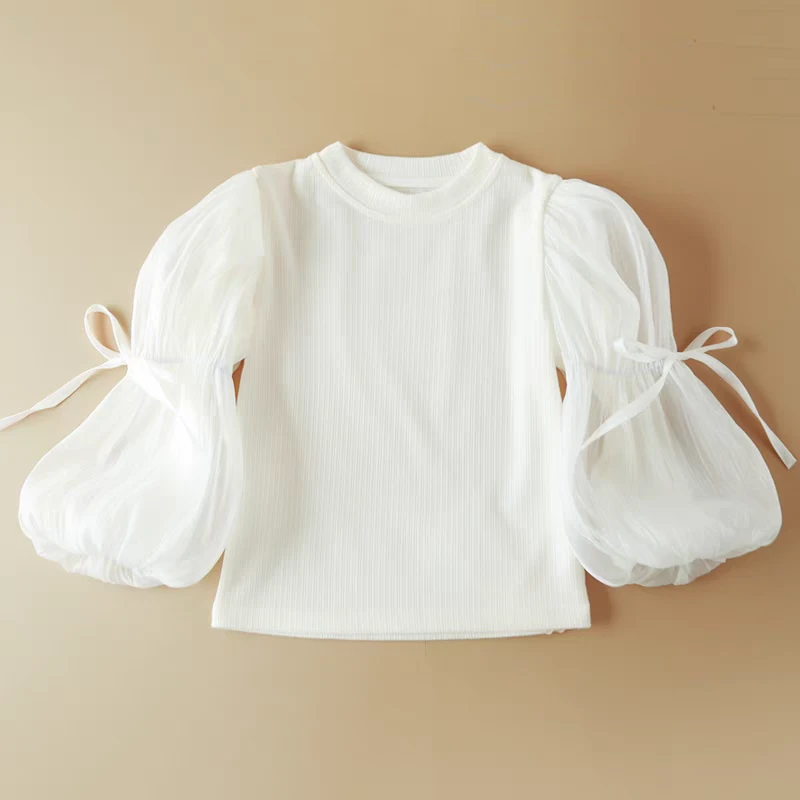1711女童网纱泡泡袖打底衫春秋装洋气针织长袖内搭韩版打底衫