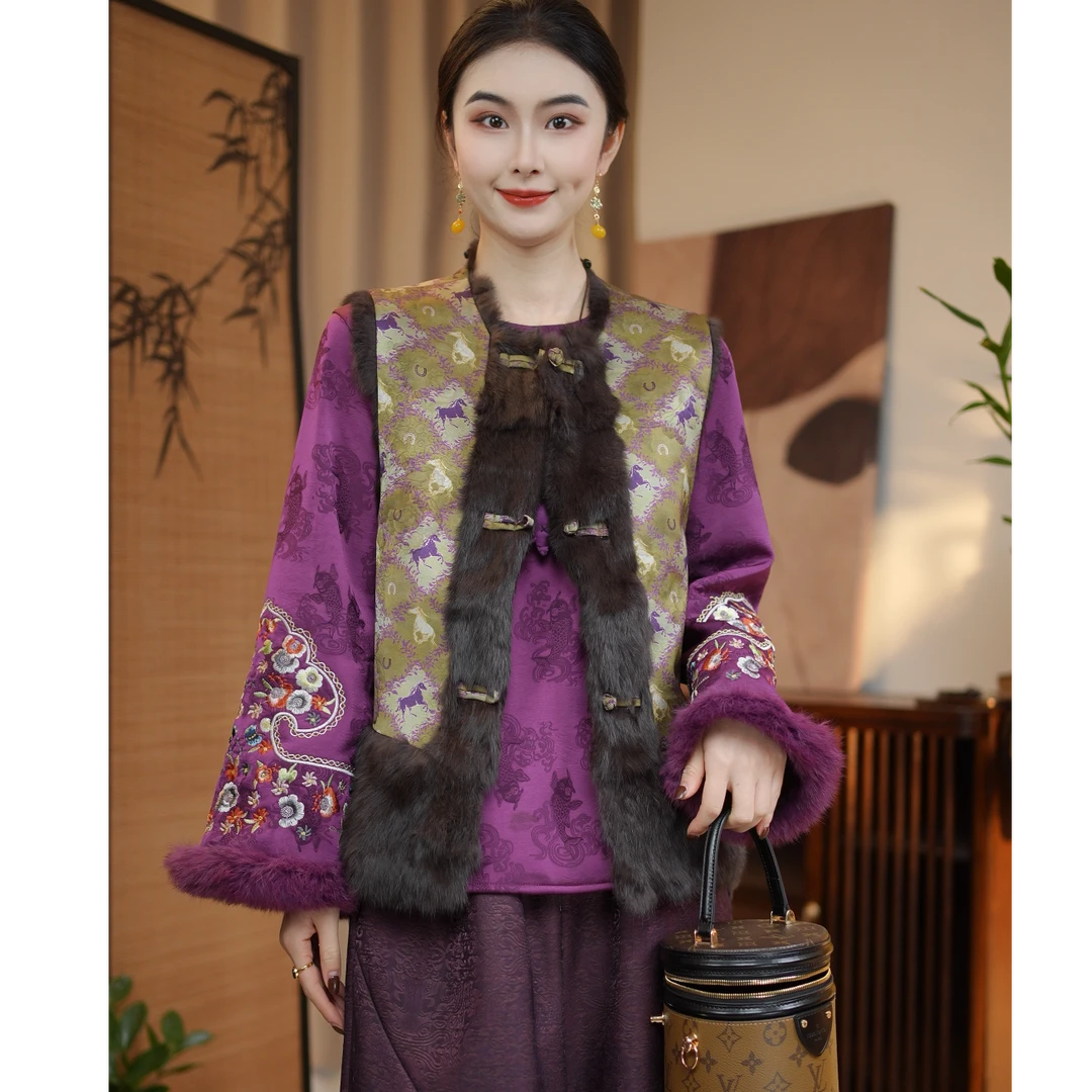 芳华秋冬新中式老钱风双面穿马甲复古拼接免烫外套女