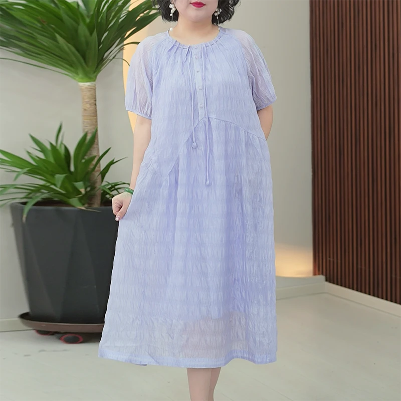 云朵肌理连衣裙大码显瘦透气亲肤仙气薄纱中长款夏季天！丝！过膝裙