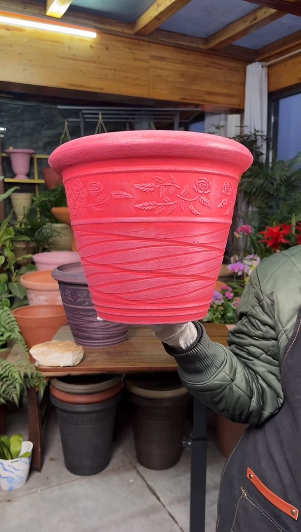 30*24.5/暖红色刻纹/浮雕花盆外贸尾单/MC30