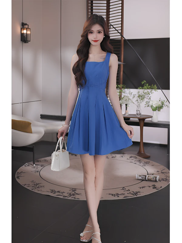 依漾Y-【克蓝茵梦境】夏季新款法式气质收腰显瘦蓝色无袖短款连衣裙