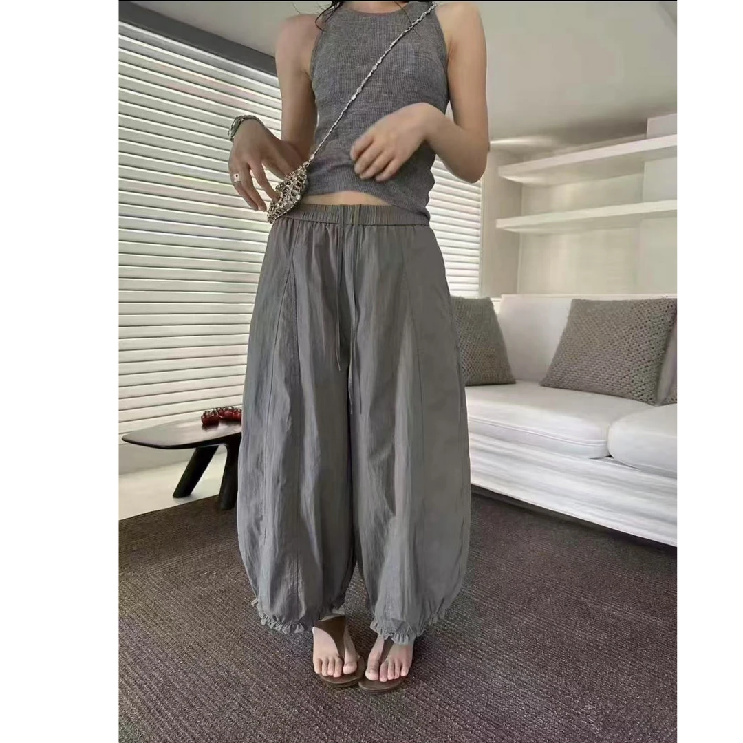 5197·K# 木耳边裤子 夏季休闲百搭小众洋气木耳边松紧休闲裤•