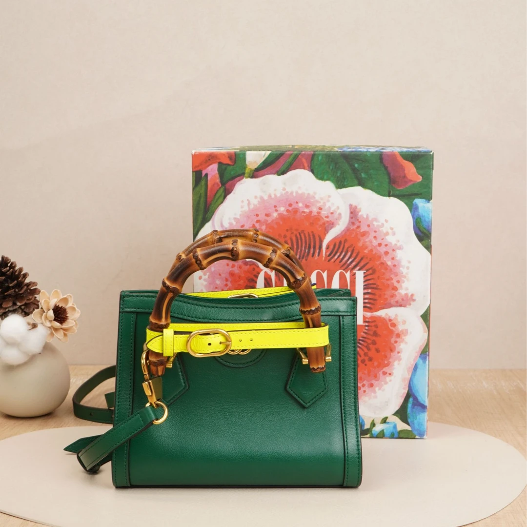 95新 GUCCI/古驰 古驰戴安娜竹节手提包mini祖母绿牛皮/DS030487