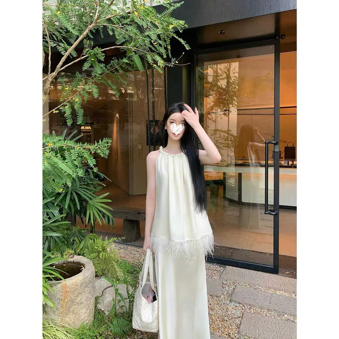 夏季INS风时尚百搭无袖背心上衣+显瘦修身气质半身裙两件套装