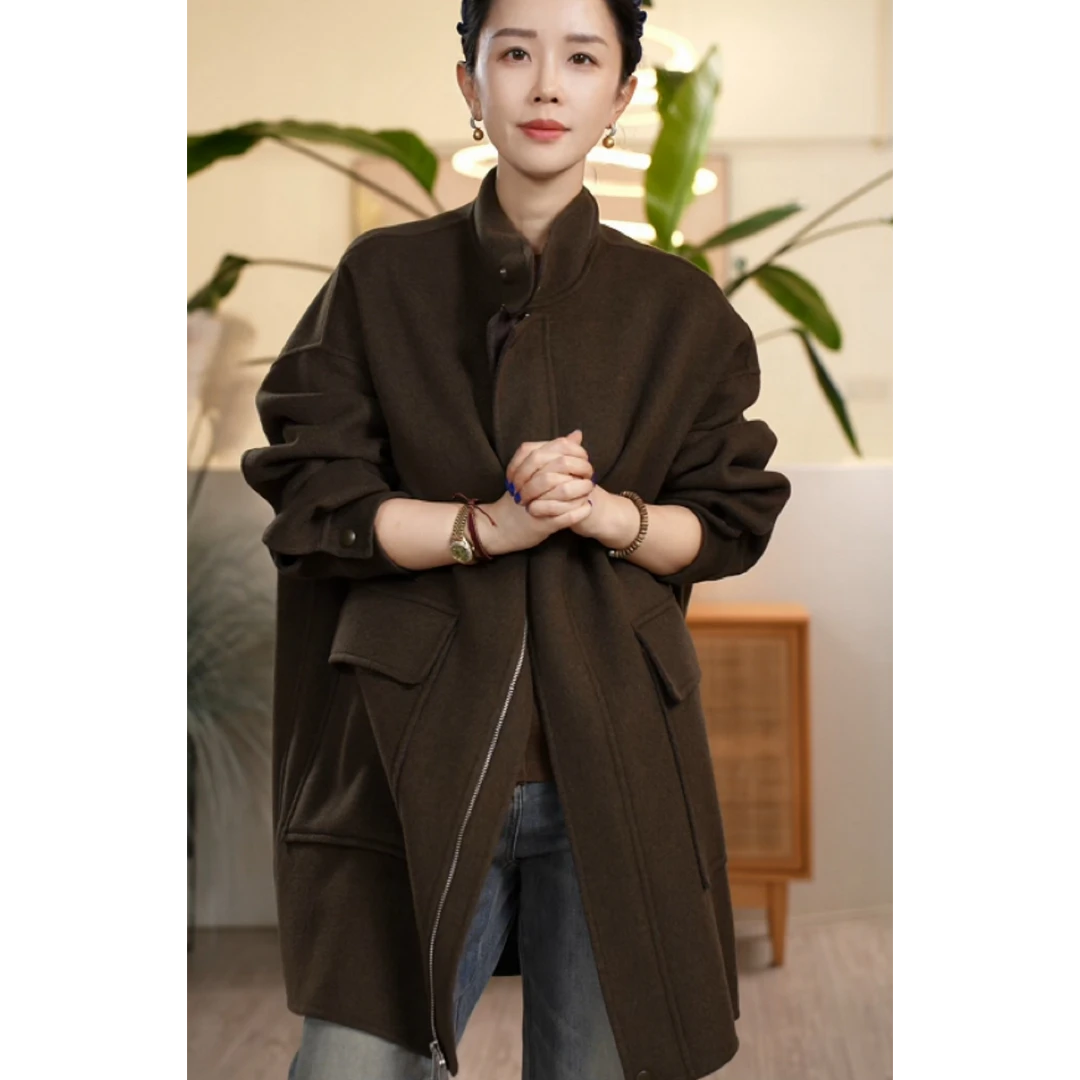 Y【叭哒不惑】山羊绒绵羊毛大衣立领毛呢外套女宽松百搭上衣