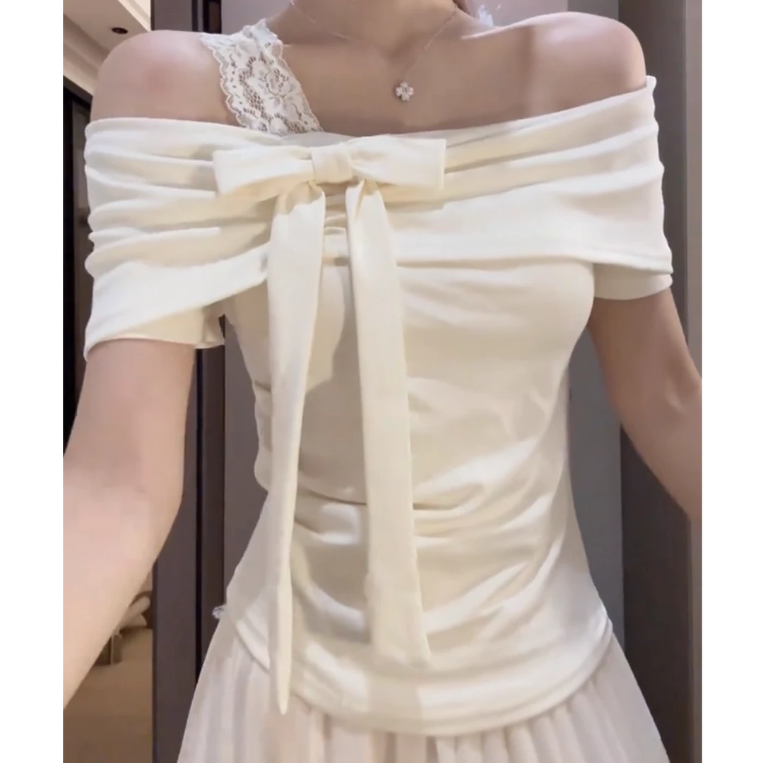 一字肩纯欲T恤女2025夏季新款蝴蝶结露肩短袖甜妹上衣