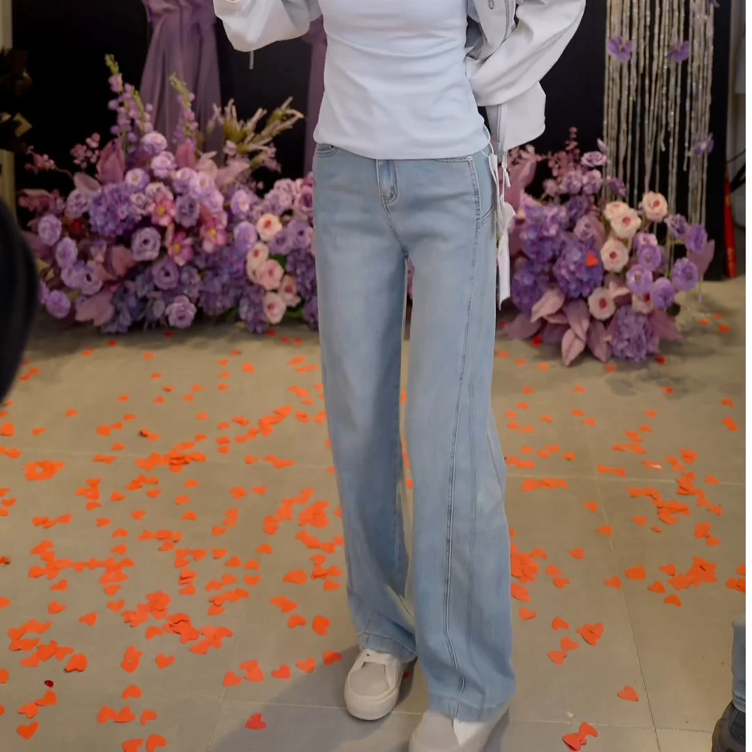 李园家2号店-7025复古立体拼接直筒牛仔裤