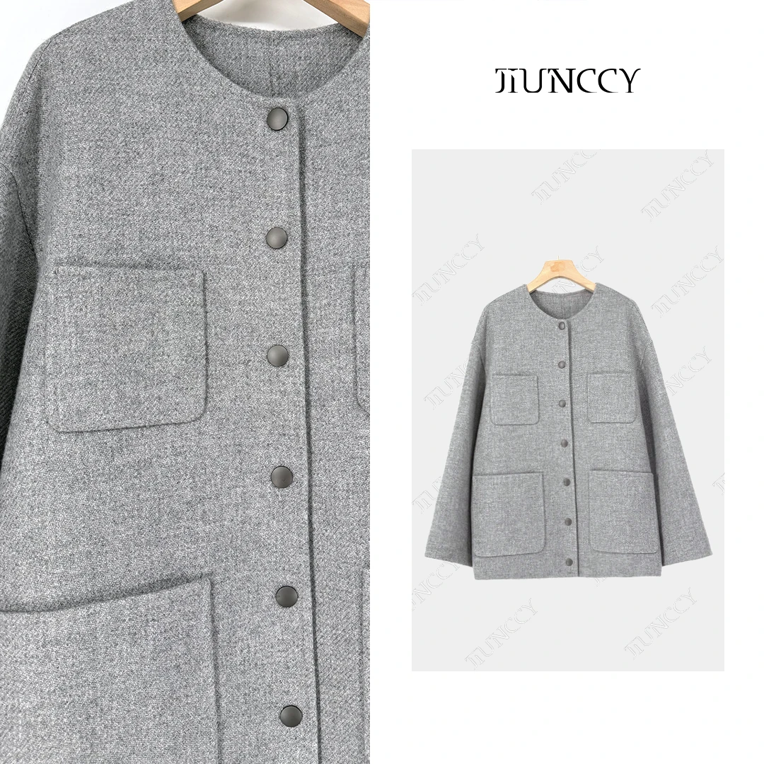 JIUNCCY【山语】山羊绒澳羊毛混纺四口袋双面呢大衣外套 52YDY006