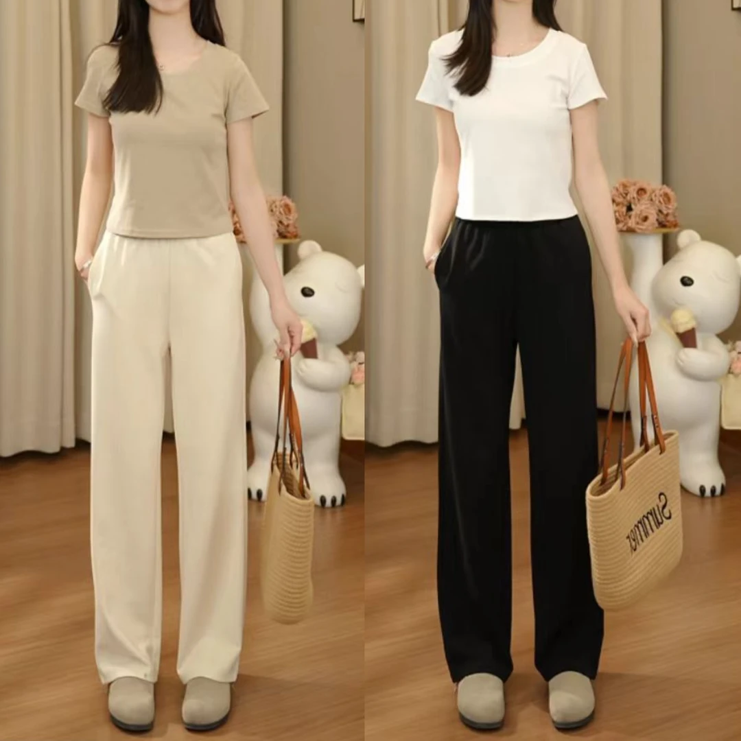 静奢风高腰早秋穿搭长裤拼接休闲裤垂感外穿夏装显瘦小个子休闲裤