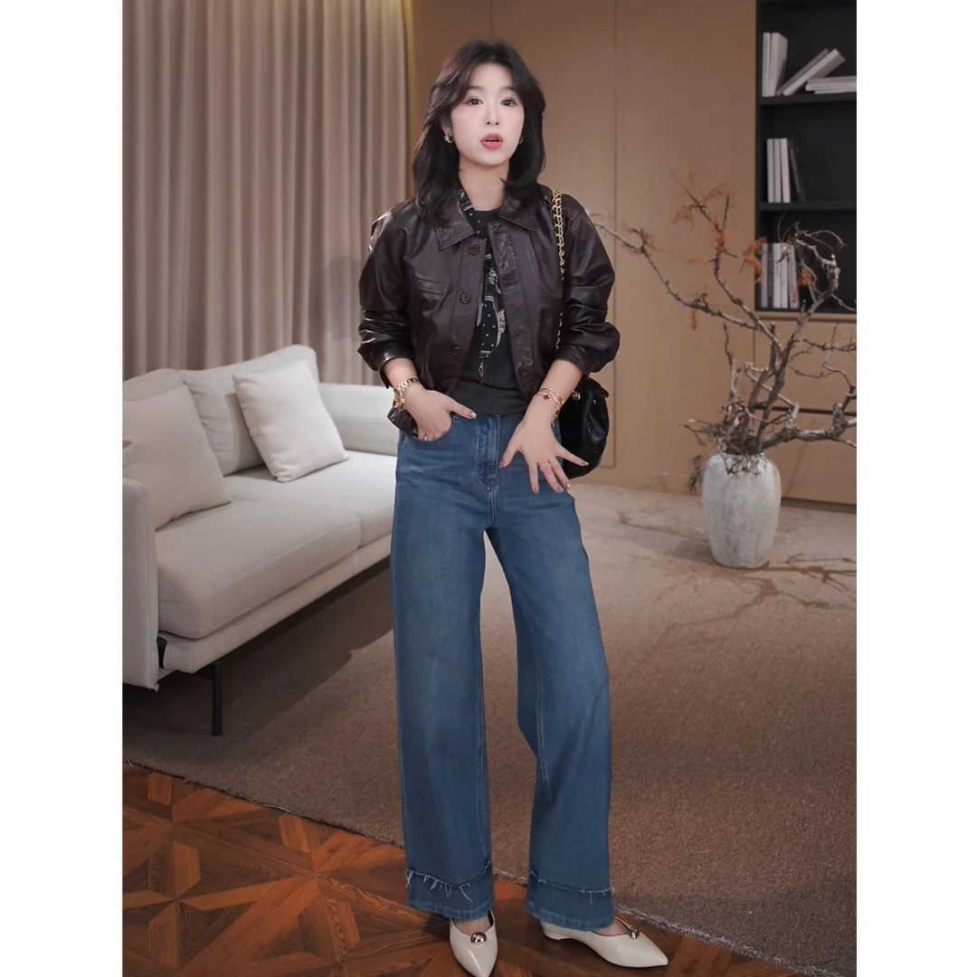 广州琴姐【蛋卷裤】欧若风高腰磨毛直筒裤长裤子秋季牛仔裤女90356