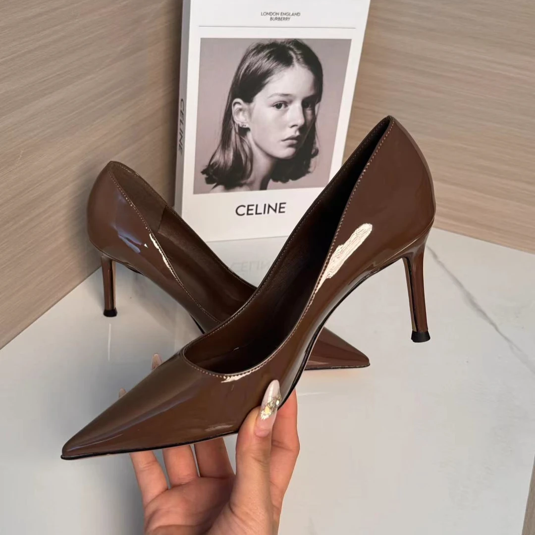 2025年春秋新款漆皮尖头高跟鞋女真皮职业鞋性感御姐细跟舒适单鞋