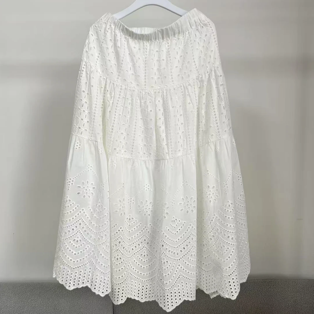 WANMU |25夏/南法假日法式浪漫百搭松紧腰重工定位刺绣蕾丝半身裙