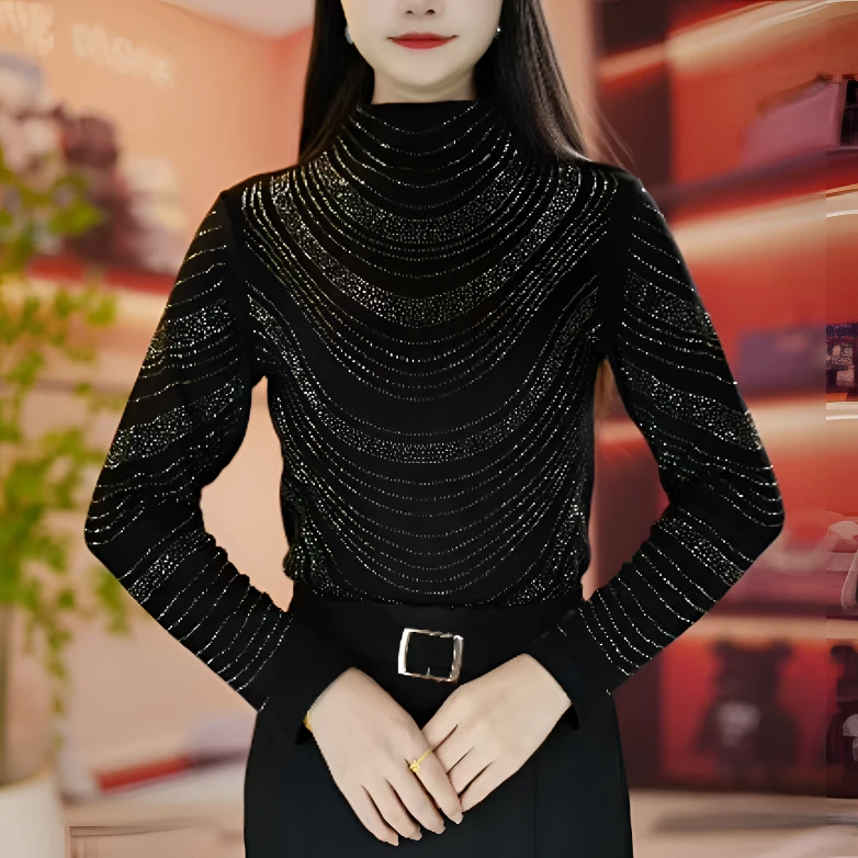 秋冬新款烫钻显瘦洋气时尚百搭长袖半高领德绒女士上衣修身小衫