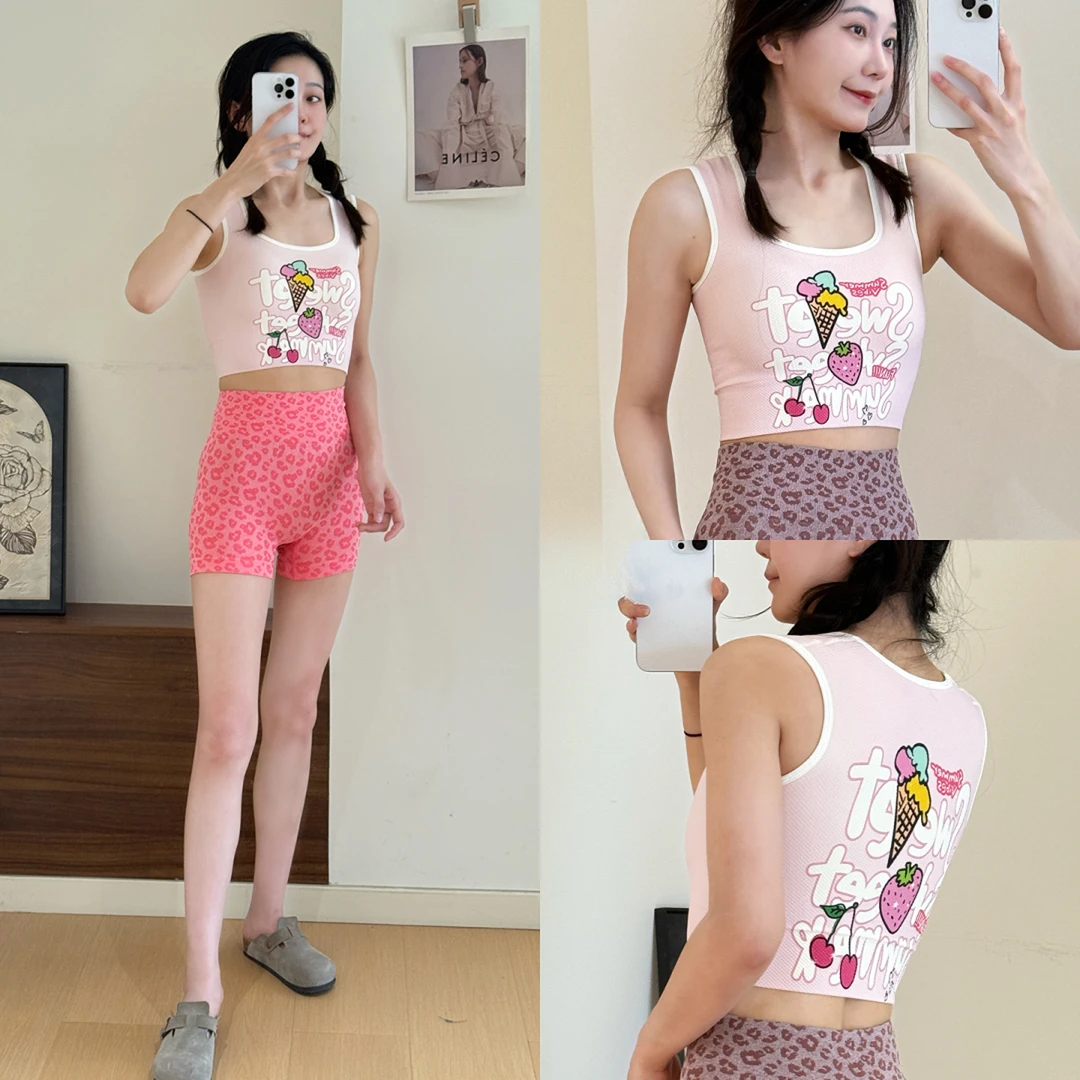 印花套装豹纹瑜伽女高腰提臀健身服蜜桃臀三分紧身瑜伽短裤两件套