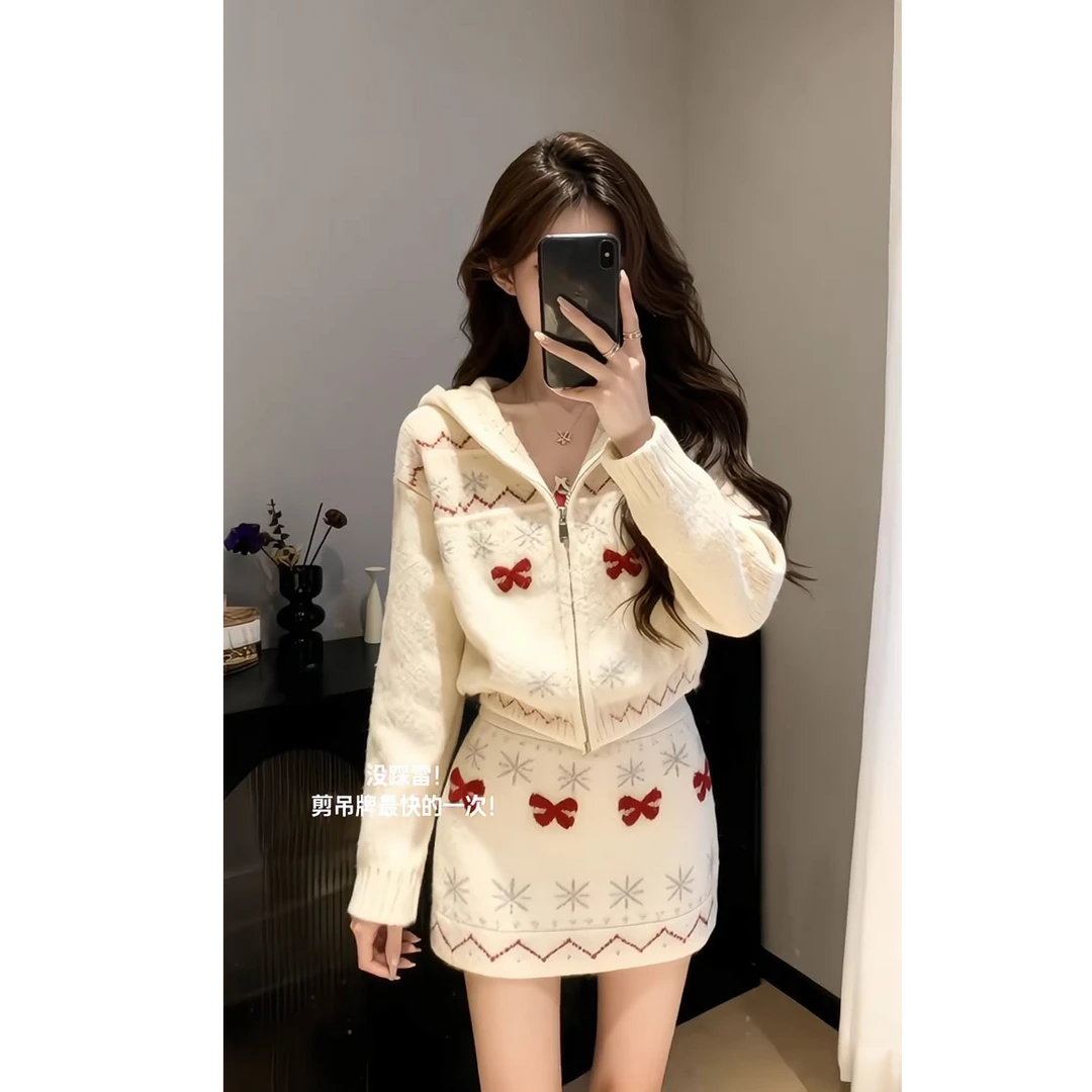 韩系秋冬chic针织套装女2025新款圣诞风针织上衣减龄半身裙两件套