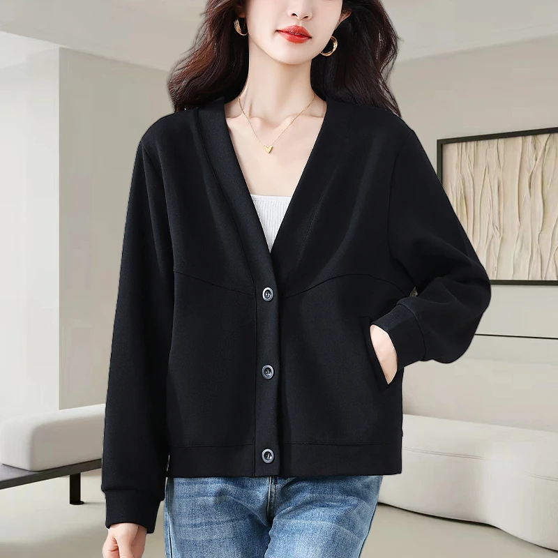 慵懒风V领开衫外套女2025早秋新款时尚大码宽松休闲显瘦百搭上衣